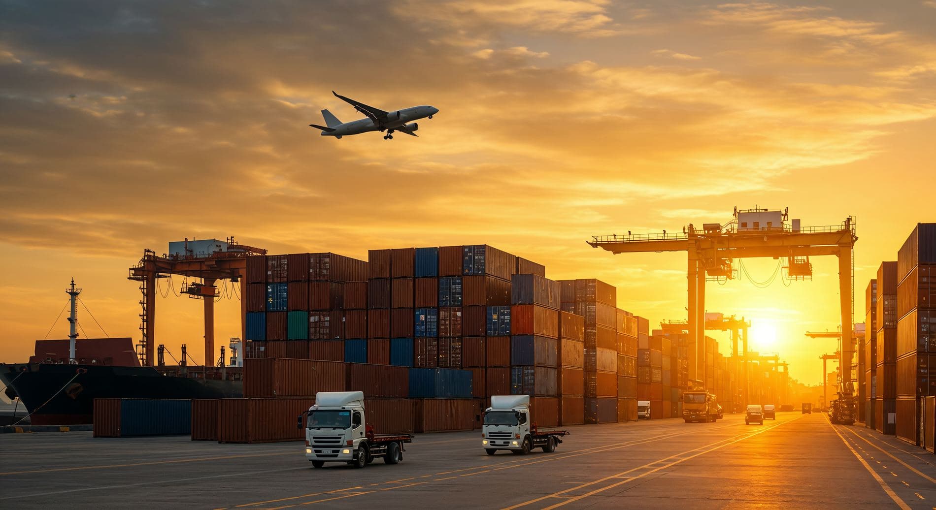 Cargo port at sunset with trucks and freight aircraft