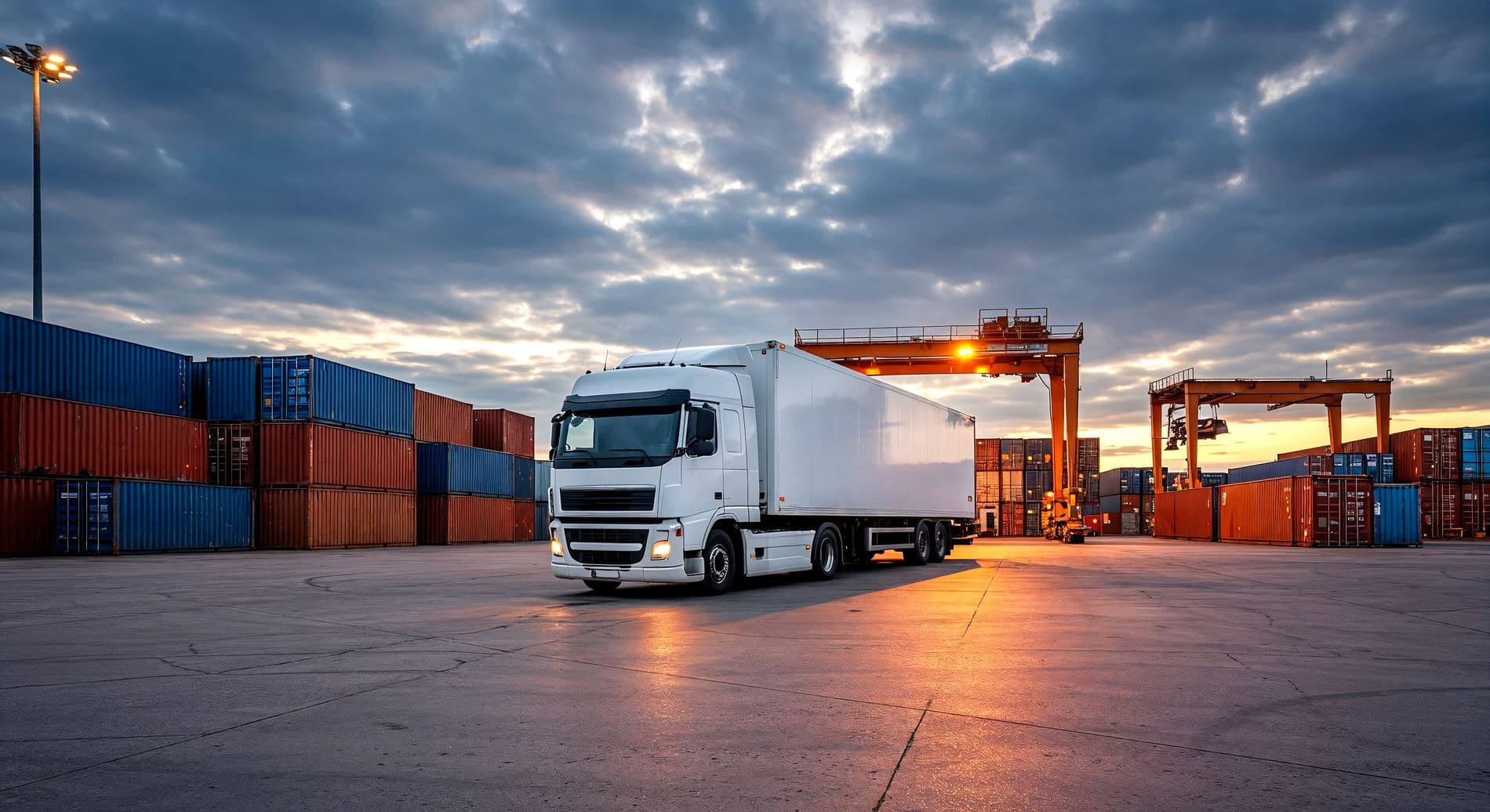 Freight truck at a container port at sunset